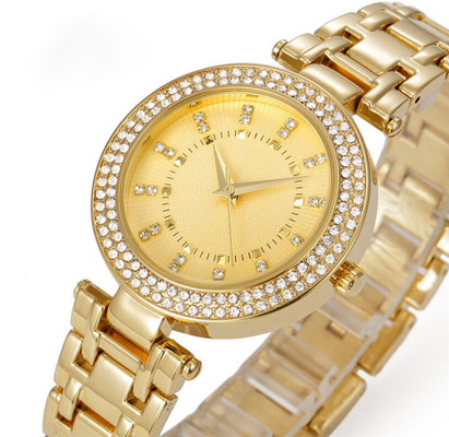 Waterproof Brass Wrist Watch Quartz 18K Gold Plated Ladies Czech Stones