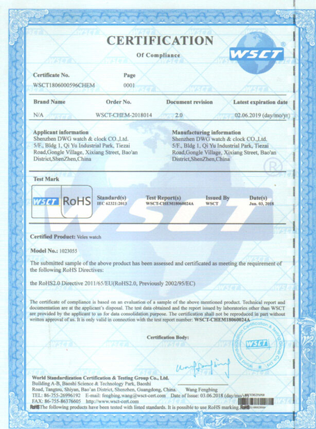 China Shenzhen DWG Watch &amp; Clock Company Limited Certificaten